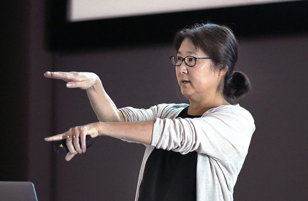 Maya Lin lectures in the Nelson Mandela Auditorium in the FedEx Global Center