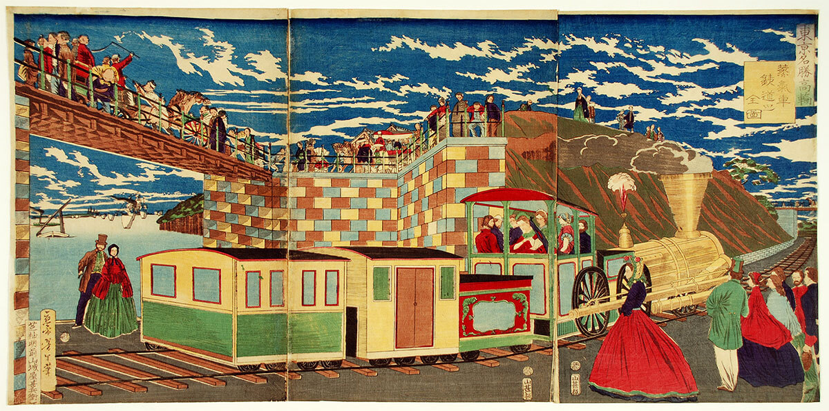 Woodblock print showing an Illustration of Steam Locomotive Tracks at Takanawa