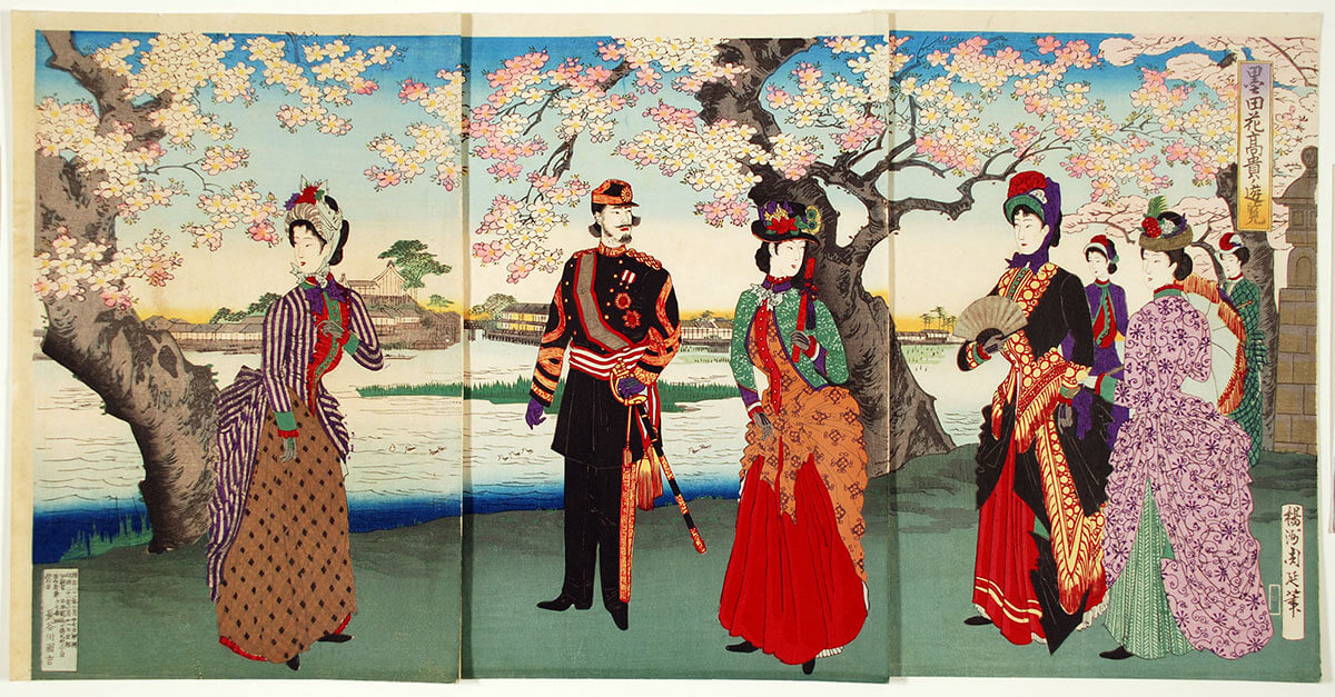 Japanese woodblock print showing an Emperor Enjoying the Cherry Blossoms Along the Sumida River