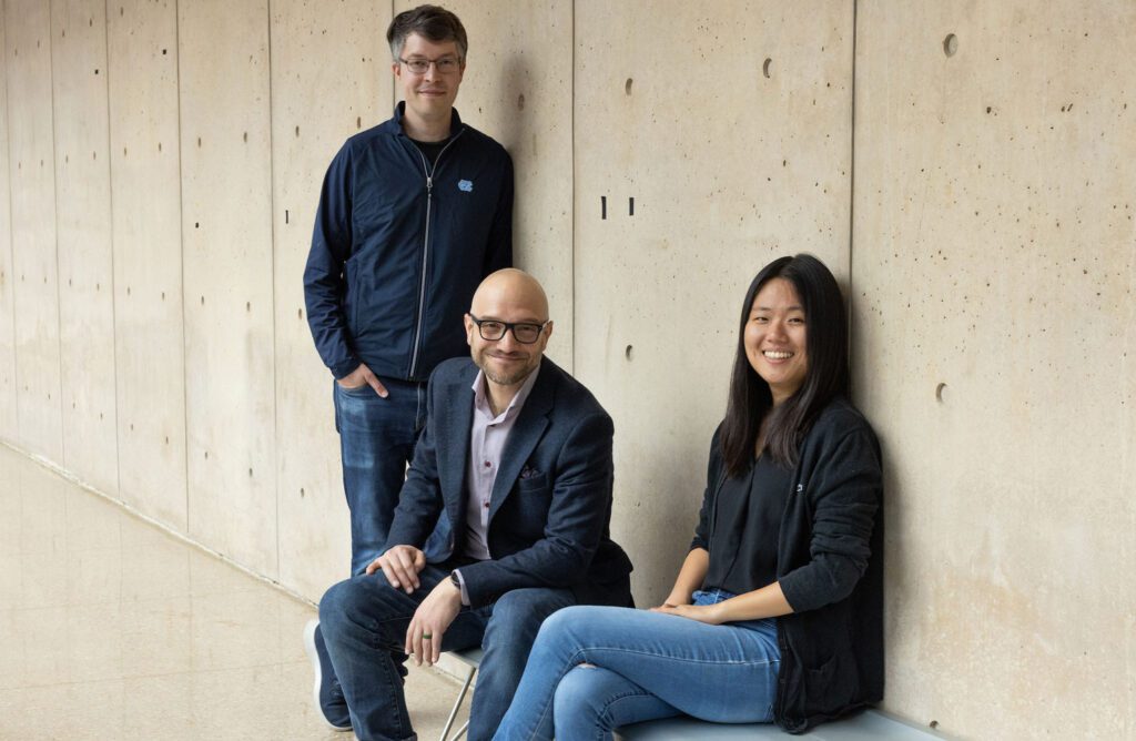 UNC School of Data Science faculty Alex McAvoy, Santiago Olivella and Harlin Lee.