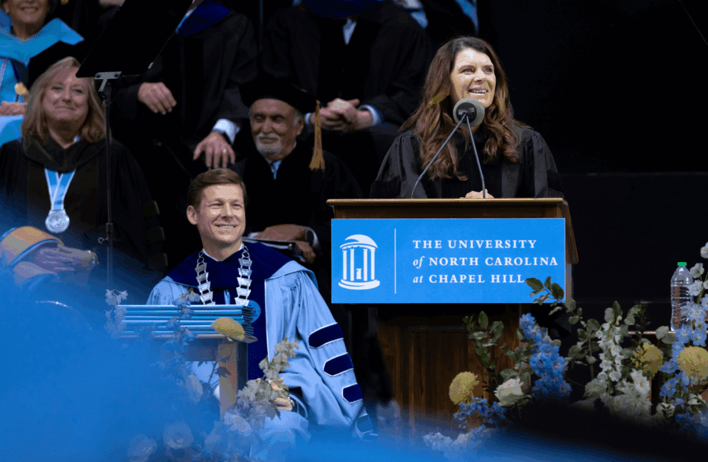 Commencement speaker, Mia Hamm addressing Carolina graduates