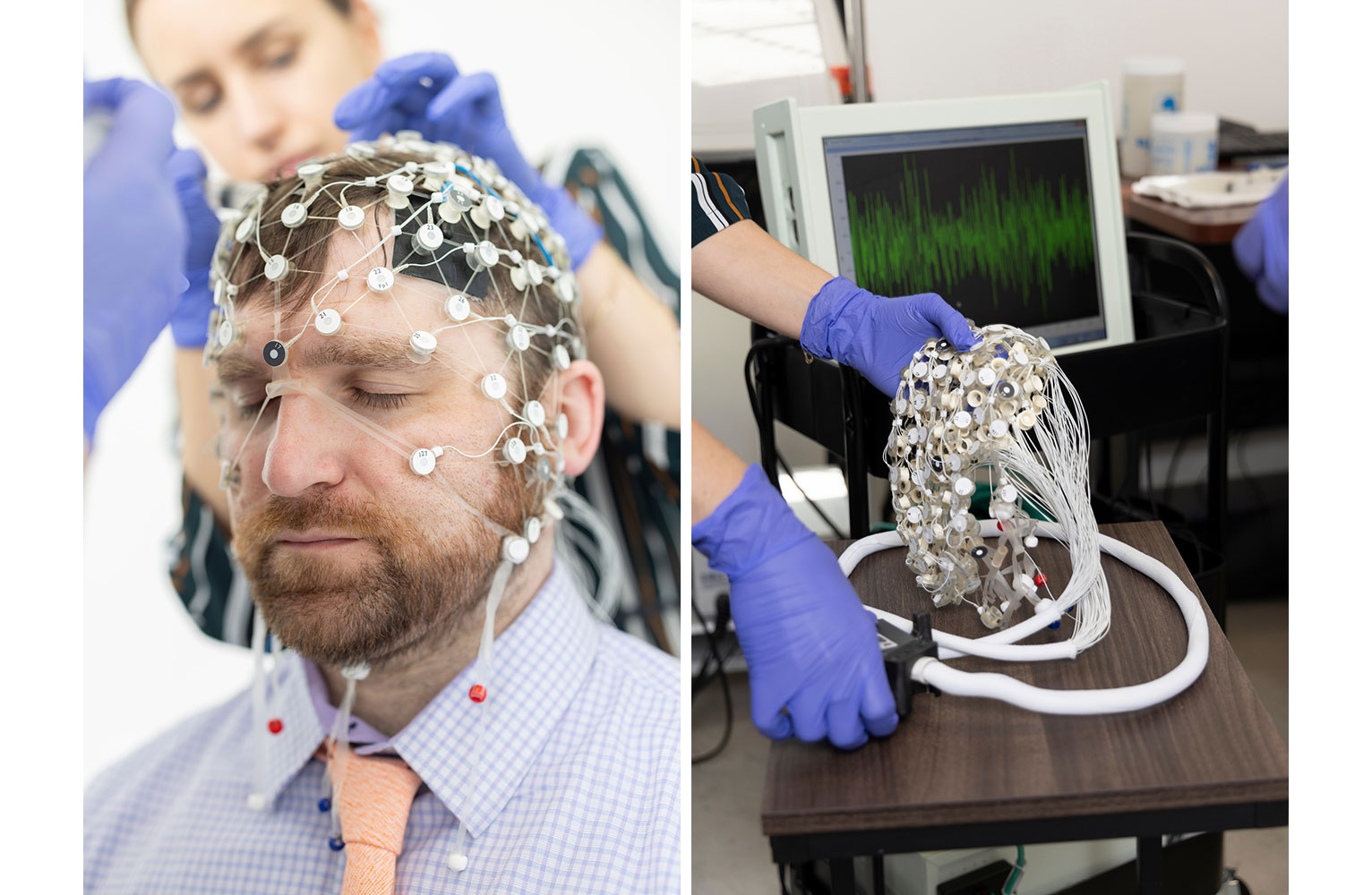 A diptych showing a man wearing the tACS headgear on the left and hands holding the tACS gear next to a computer monitor on the right.