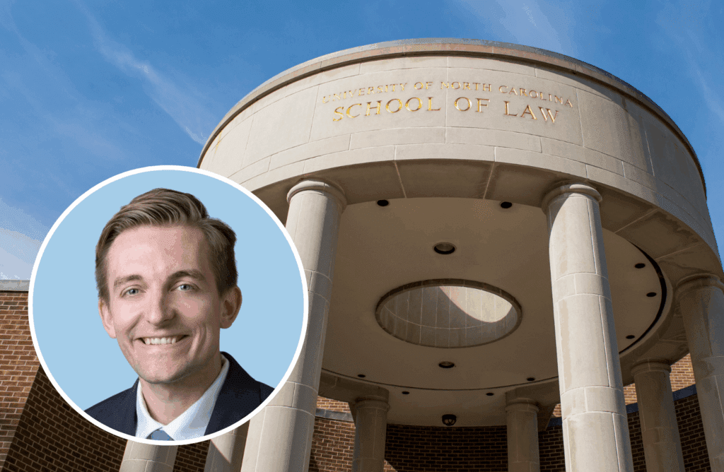 Portrait photo of Griffin Lamb superimposed over a photo of the entrance of UNC Law.