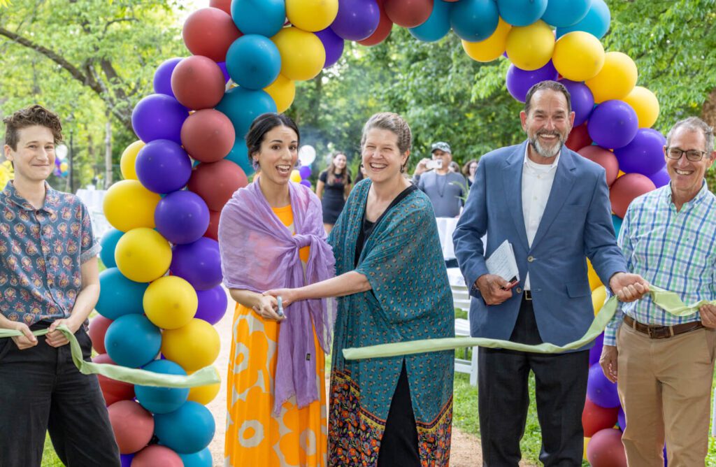 From left: Becca Wait, North Carolina Botanical Garden (NCBG); Marissa Carmi, American Indian Center; and Joanna Massey Lelekacs, Damon Waitt and Dan Stern, NCBG; attend the ribbon cutting for the American Indian Cultural Garden at UNC-Chapel Hill.