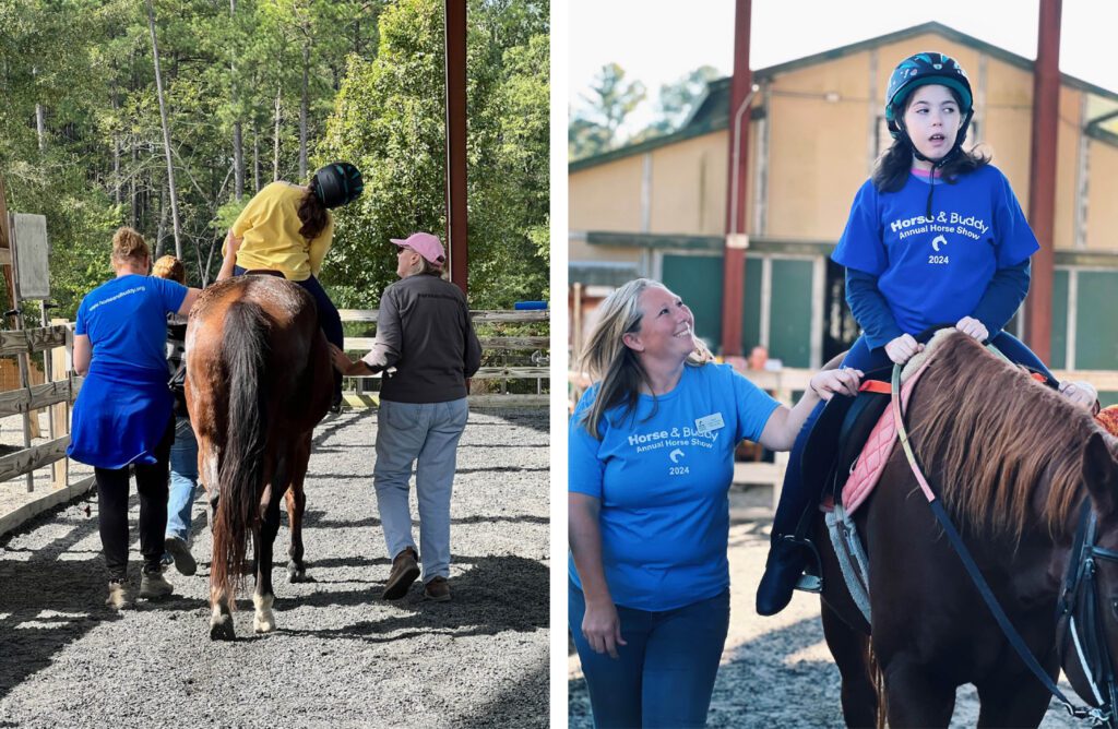 Makenzie leaning while horseback riding prior to undergoing treatment (left). Makenzie sitting upright while horseback riding while undergoing treatment (right).