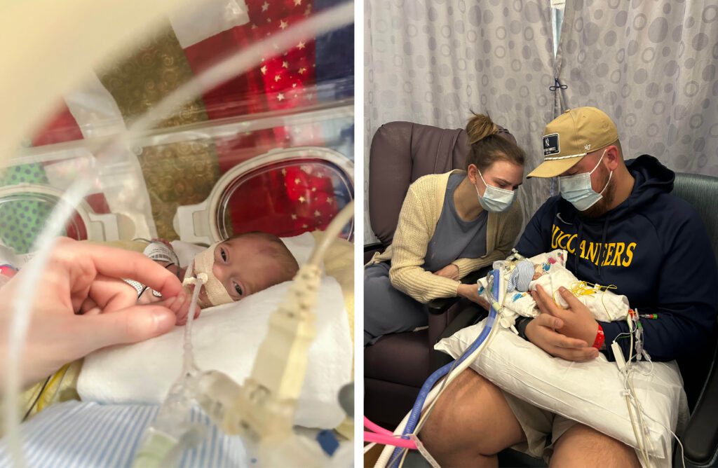 Titus in the NICU (left). Meghan and Cam Parker spending time with Titus (right).
