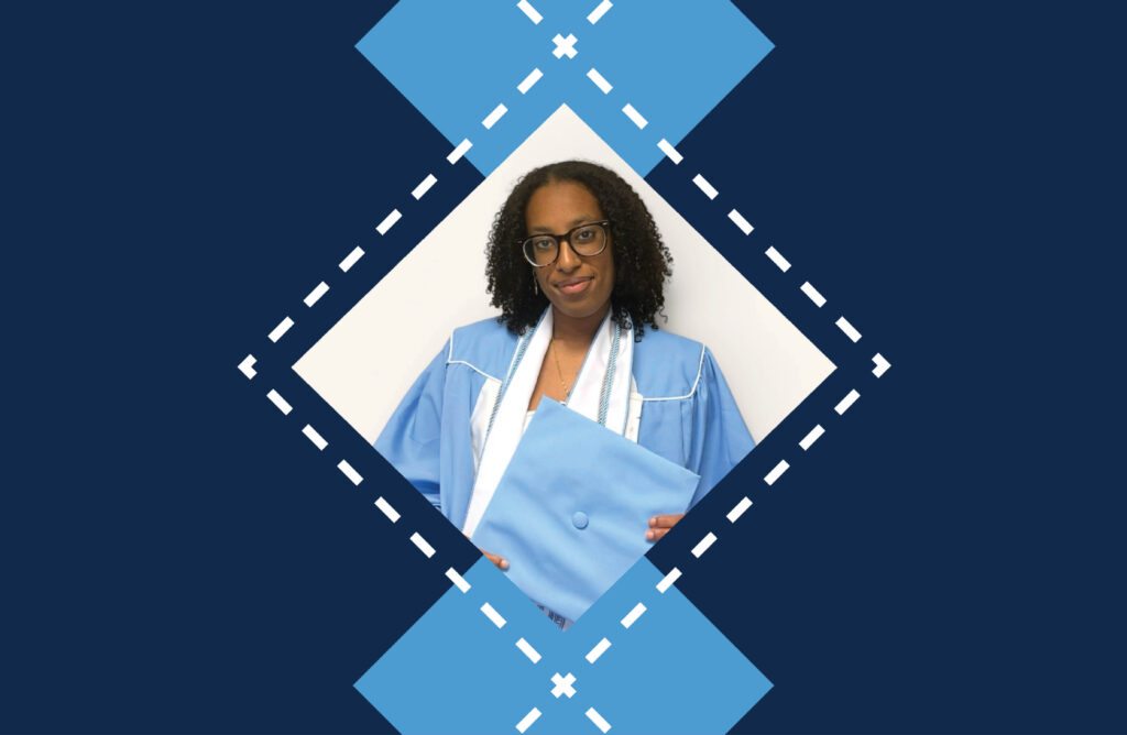 Image of Addie Afeworki in her cap and gown dropped into Carolina argyle graphic.