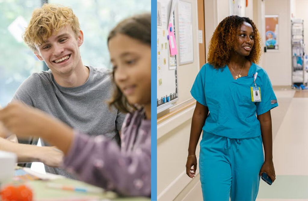 Two-photo collage: Austin Roebuck helping a child with a sewing craft at the Arts Center; and Makeda Endalkachew walking the hallways of UNC Hospitals and talking to someone out of picture.
